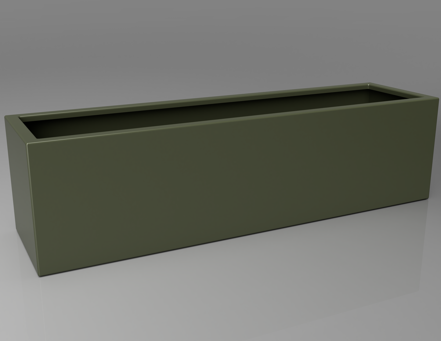 1500mm British manufactured trough metal planter in RAL6003 Olive Green, suitable for indoor and outdoor use.