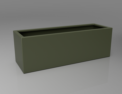 1200mm British manufactured trough metal planter in RAL6003 Olive Green, suitable for indoor and outdoor use.
