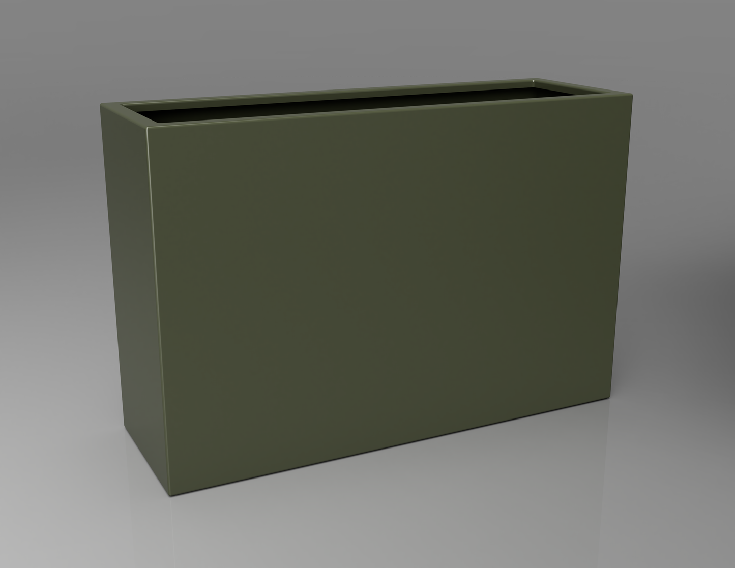 1200mm British manufactured tall trough metal planter in RAL6003 Olive Green, suitable for indoor and outdoor use.