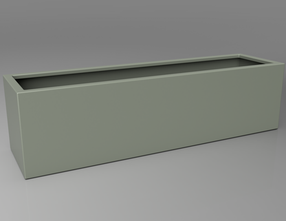1500mm British manufactured trough metal planter in RAL7033 Cement Grey, suitable for indoor and outdoor use.