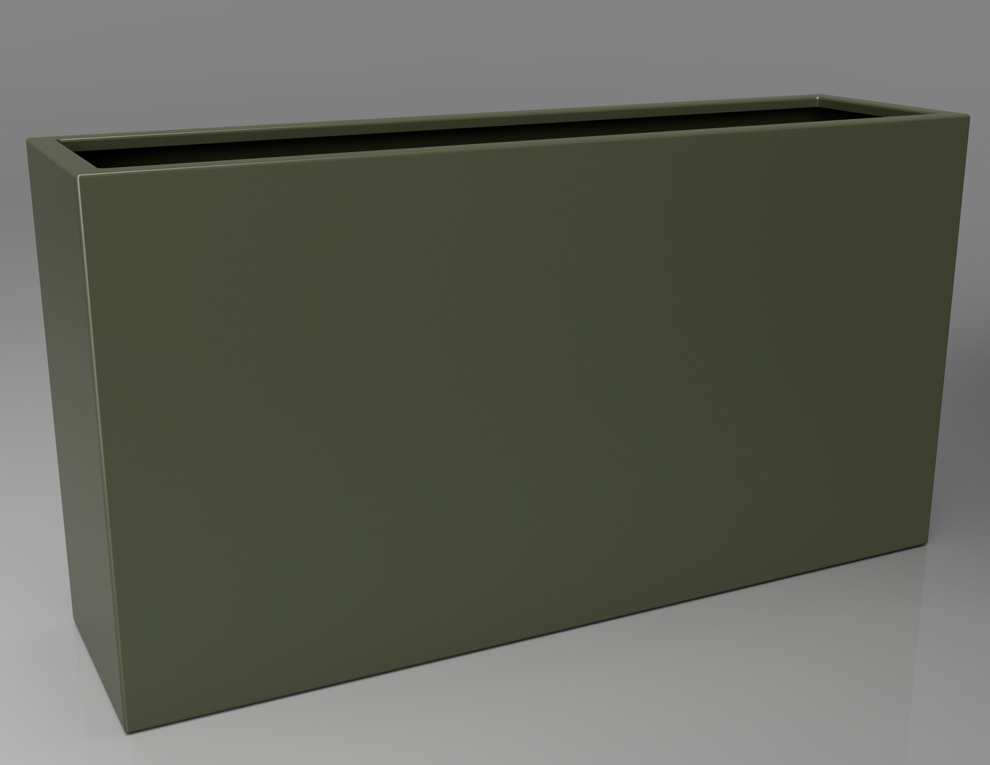 1500mm British manufactured tall trough metal planter in RAL6003 Olive Green, suitable for indoor and outdoor use.