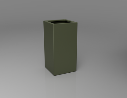400mm British manufactured tall column metal planter in RAL6003 Olive Green, suitable for indoor and outdoor use.