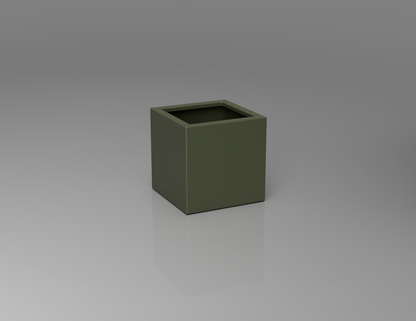400mm British manufactured square metal planter in RAL6003 Olive Green, suitable for indoor and outdoor use.