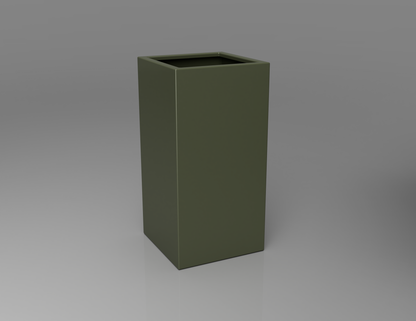 500mm British manufactured tall column metal planter in RAL6003 Olive Green, suitable for indoor and outdoor use.