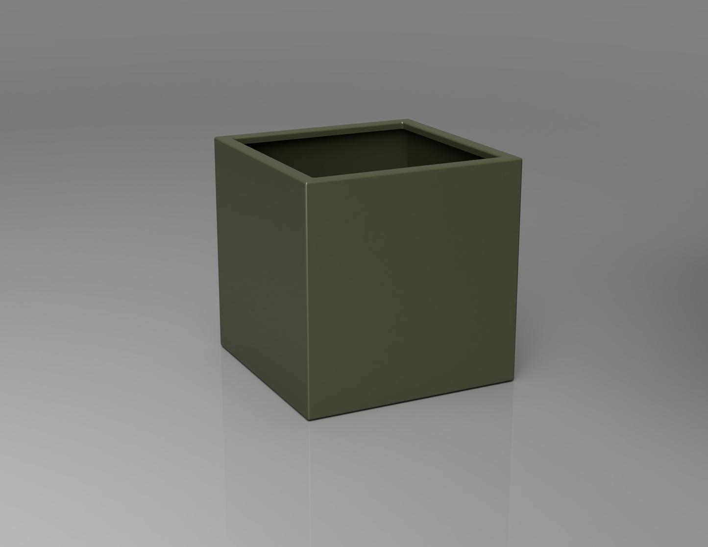 600mm British manufactured square metal planter in RAL6003 Olive Green, suitable for indoor and outdoor use.