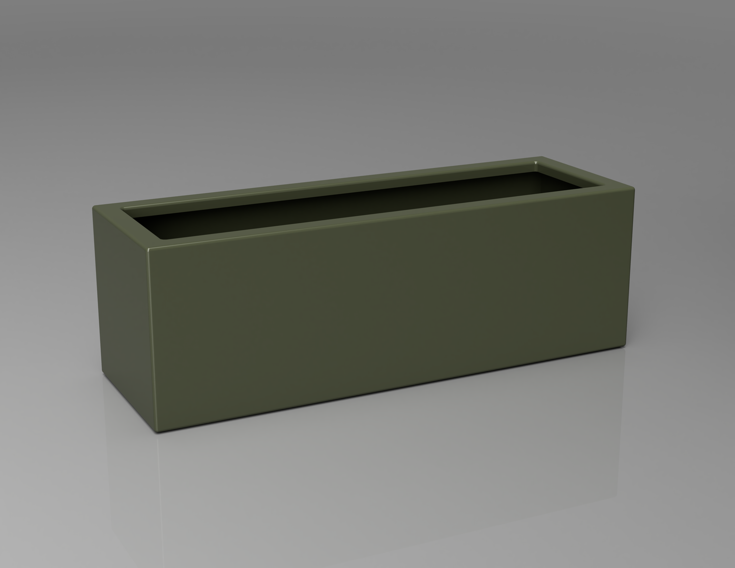 900mm British manufactured trough metal planter in RAL6003 Olive Green, suitable for indoor and outdoor use.